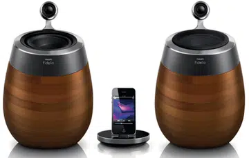 The new Philips Fidelio SoundSphere with wood grain finish.