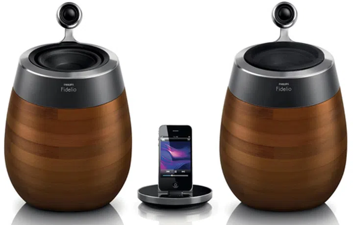 The new Philips Fidelio SoundSphere with wood grain finish.