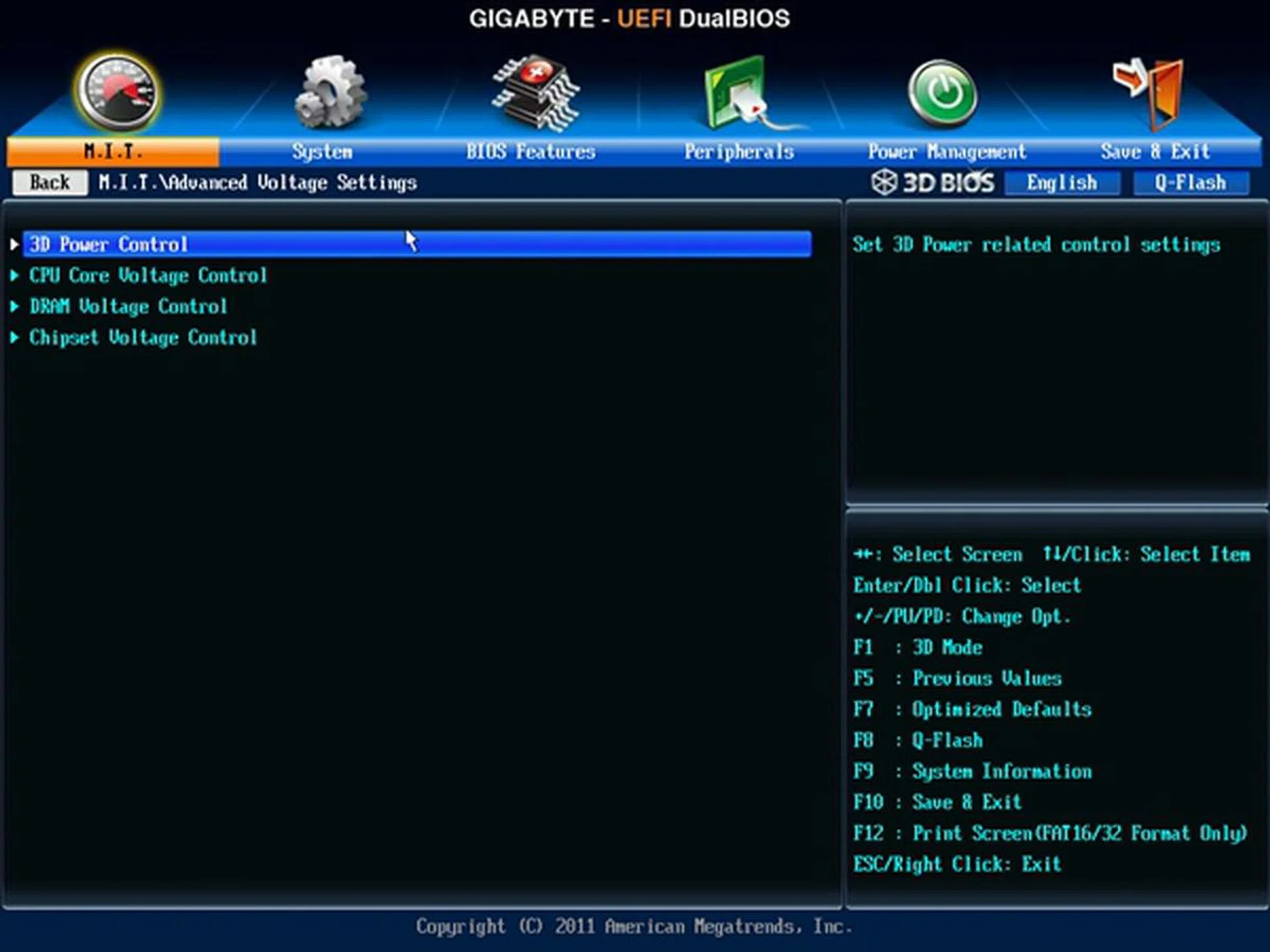 The Advanced Voltage Settings menu that hosts the voltage control sub-menus for the CPU, DRAM and chipset components.