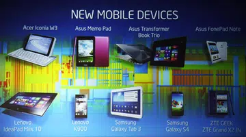 Line-up of new mobile devices with Intel silicon. All are based on Clover Trail and Clover Trail+ SoCs with the exception of Samsung Galaxy S4 (3G edition) which uses Intel's XMM 6262 3G modem solution.