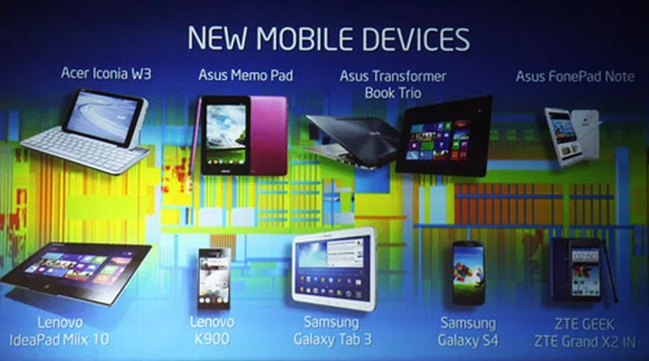 Line-up of new mobile devices with Intel silicon. All are based on Clover Trail and Clover Trail+ SoCs with the exception of Samsung Galaxy S4 (3G edition) which uses Intel's XMM 6262 3G modem solution.