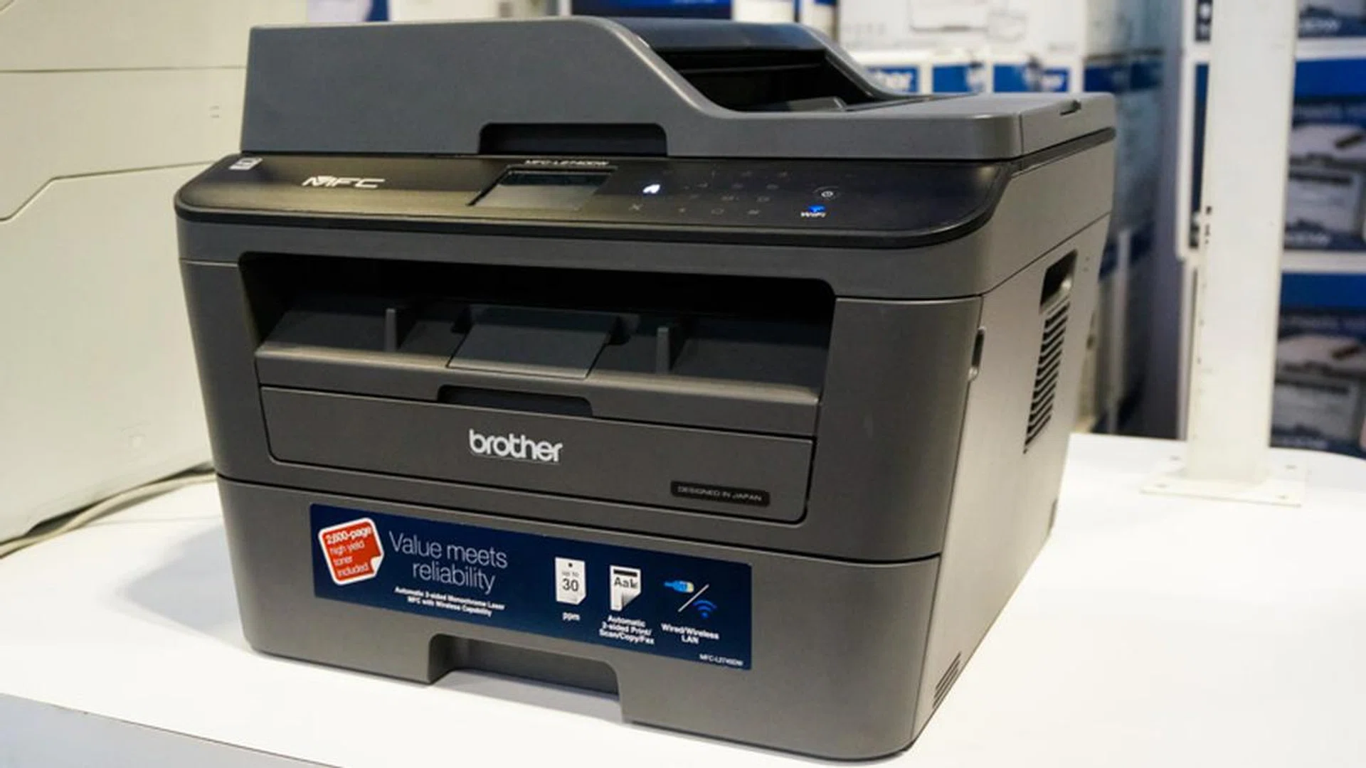 The MFC-L2740DW is a compact, Mono laser AIO printer with single bypass scan that does full duplex Print/Copy/Scan/Fax/PC Fax and has a print speed of up to 30ppm. It comes with three years on-site warranty and two years limited (parts) carry-in warranty, and is going for a special show price of S$338 with a free S$30 voucher. 