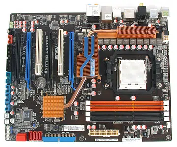 It's the usual ASUS motherboard color scheme on the M4A79T Deluxe, while the motherboard passive heatsinks appears to be modest in number. 