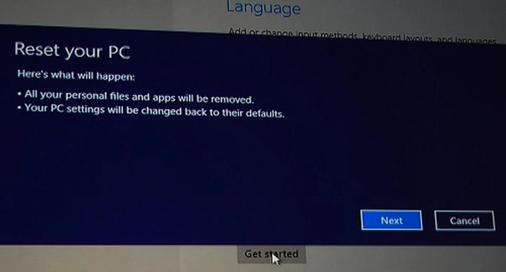 If you opted for a system reset to bring things back to factory-default settings (the equivalent of a clean installation), this will be the overlay notice.