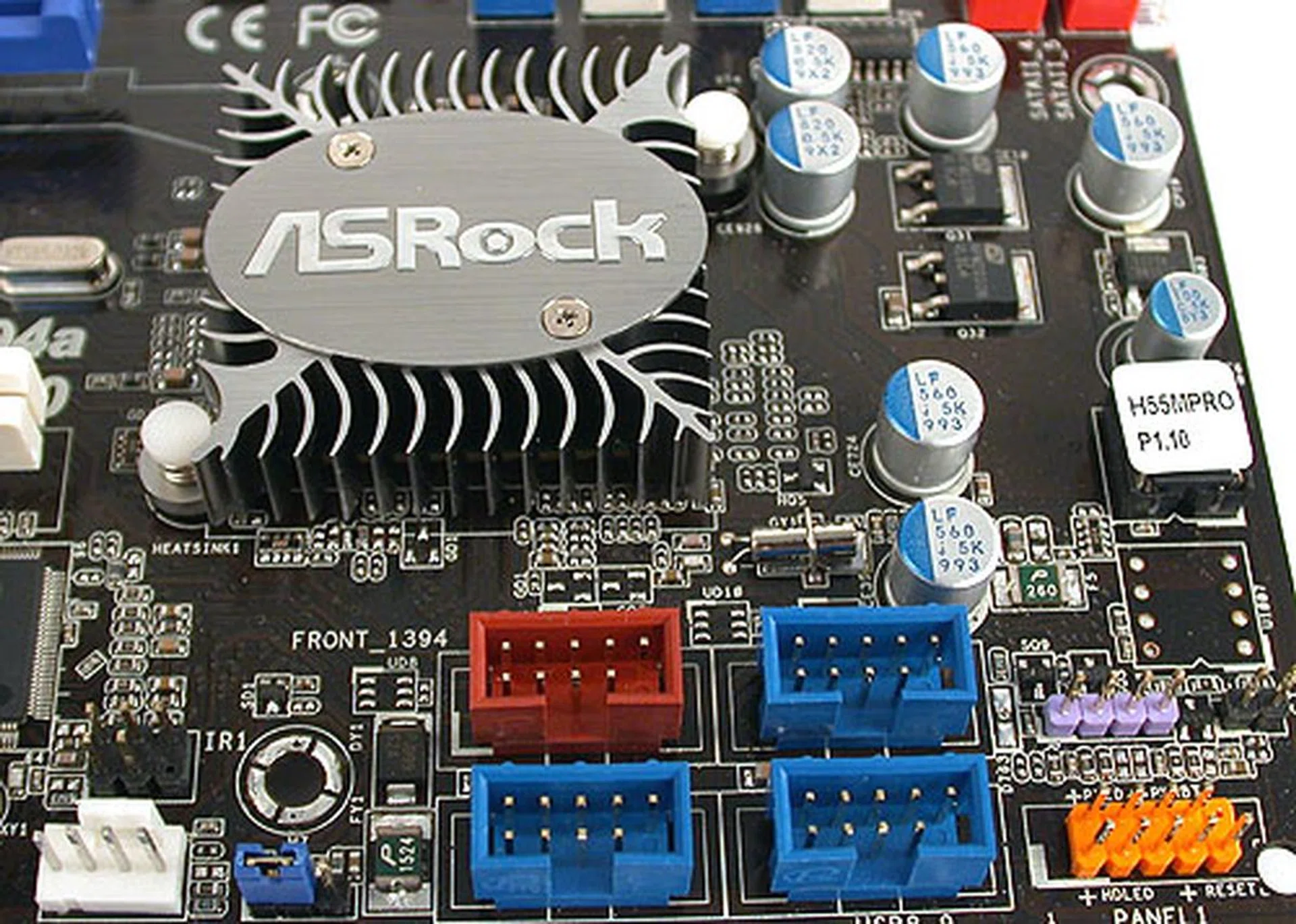 The front panel connectors and other internal connectors for USB, FireWire and the Clear CMOS jumper. 