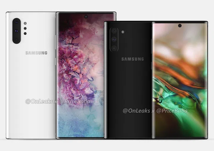 Purported render of the Samsung Galaxy Note10 Pro (left) vs Galaxy Note10 (right). <br>Image source: @OnLeaks and Pricebaba