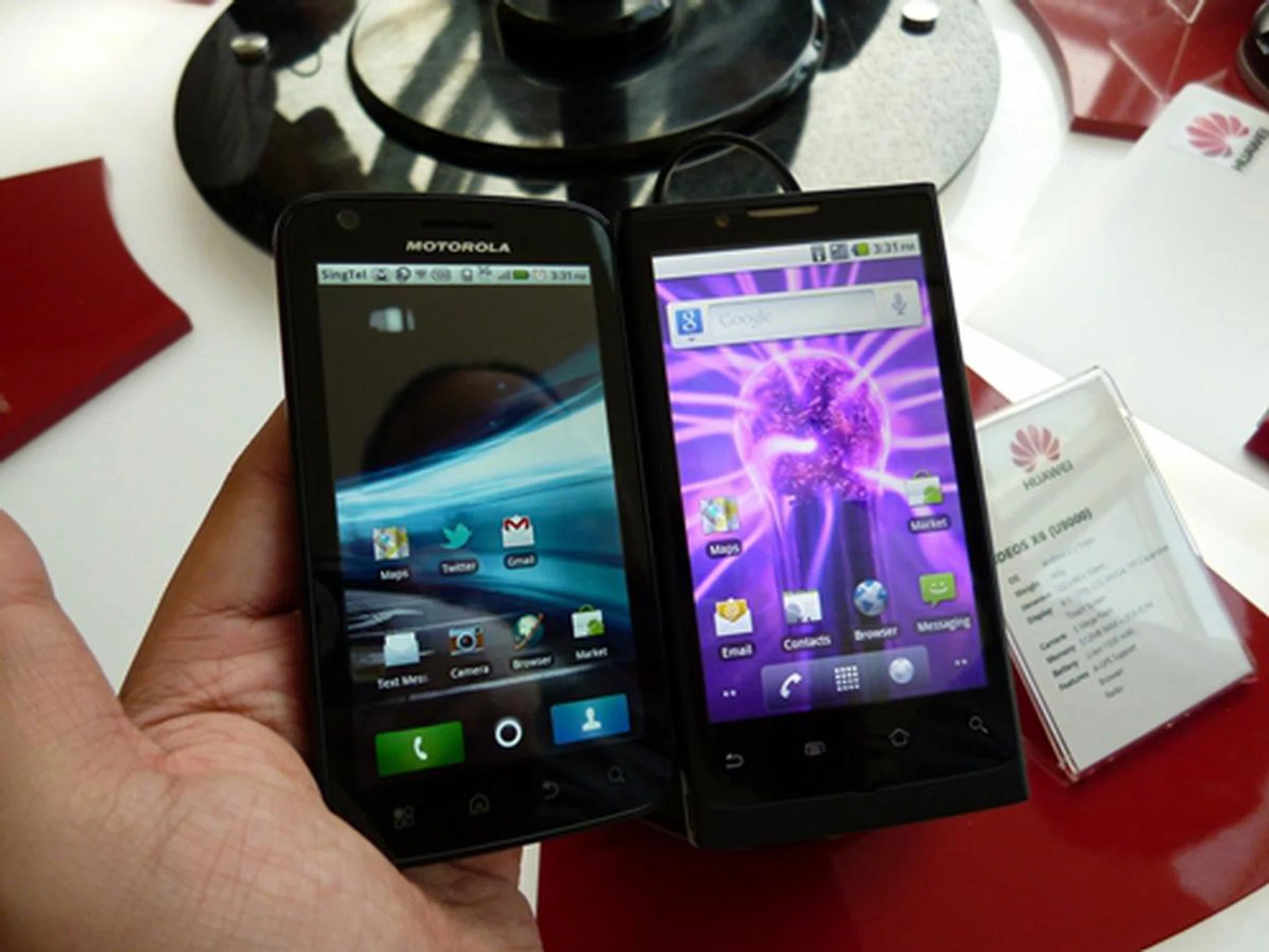 The Huawei X6's 4.1-inch screen looks fine when compared to the 4-inch screen of the Motorola Atrix.