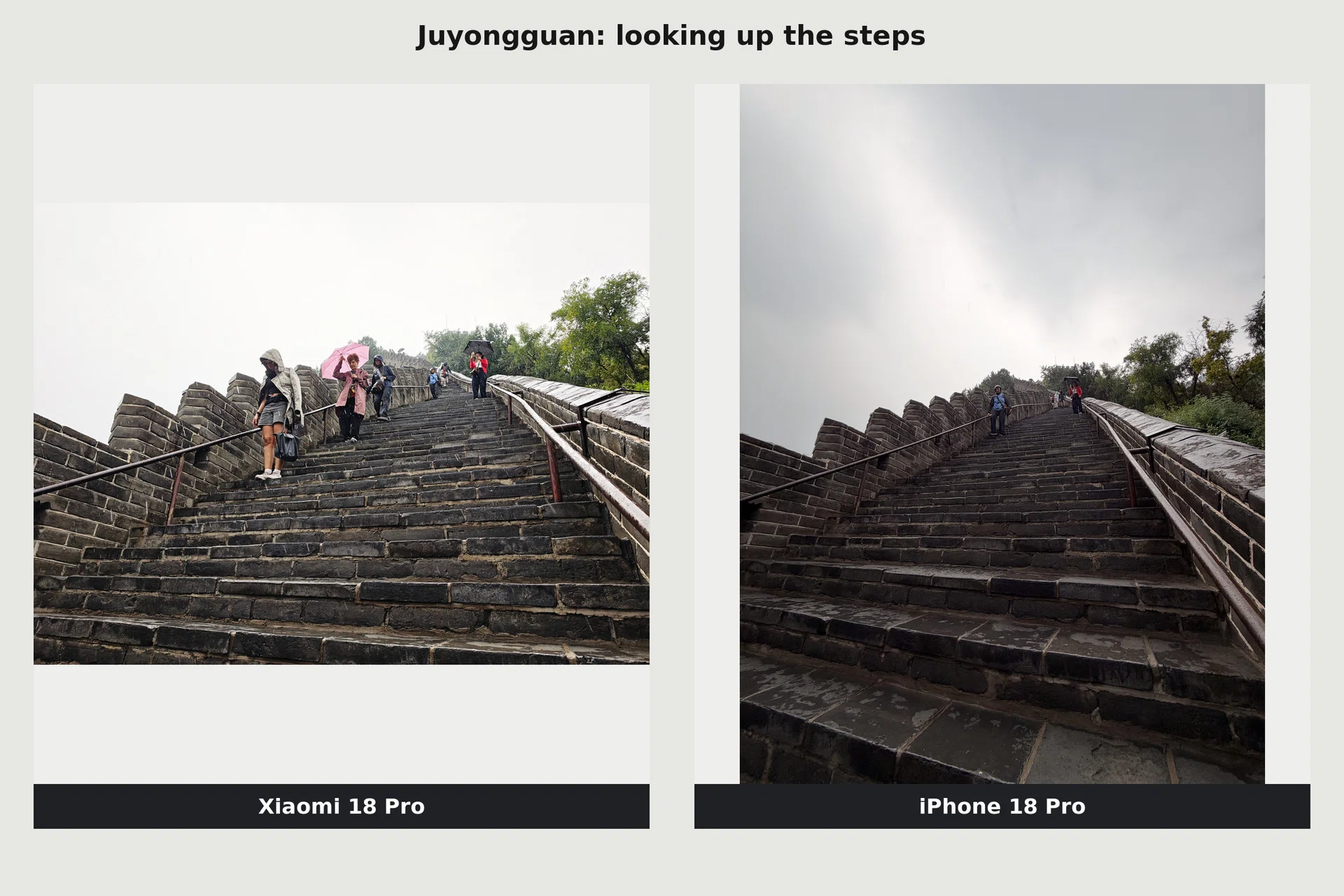Xiaomi 18 Pro vs iPhone 18 Pro Great Wall steps photo