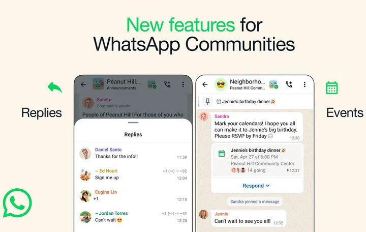 Replies (left) can now be sent to admin announcements in Announcement Groups.