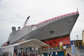 CMG20251021-ChiaTY01/谢智扬/张佳莹/Launch of the Republic of Singapore Navy's First Multi-Role Combat Vessel.［ST Engineering Marine Ltd, Admin Building, 16 Benoi Rd, S'629889］
The MRCV is designed to be a modular vessel with capability of being a drone mothership that controls multiple unmanned systems.