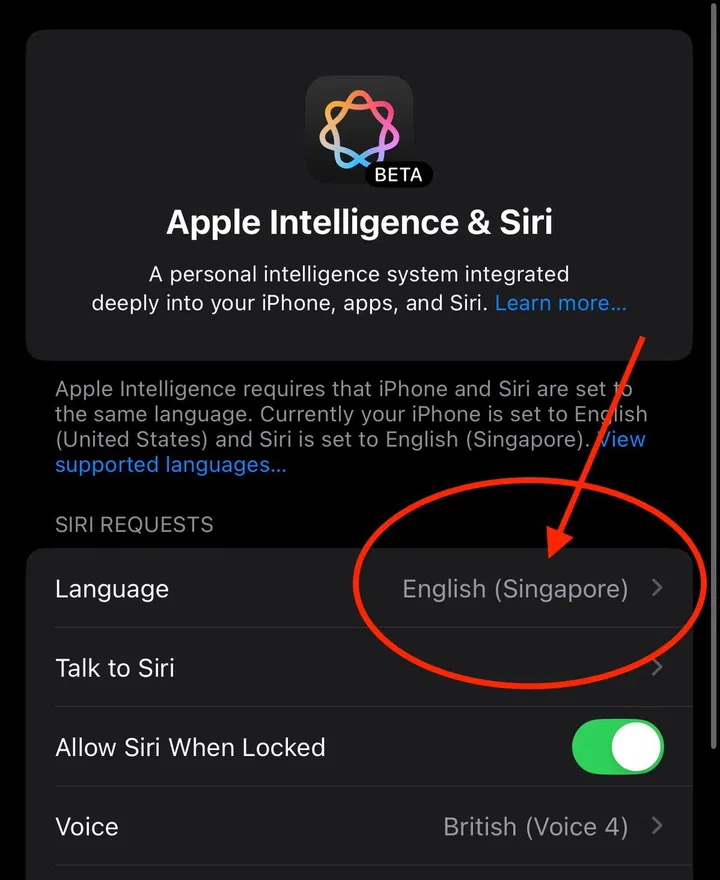 With the latest updates, Apple Intelligence now supports English (Singapore). PhotoL HWZ