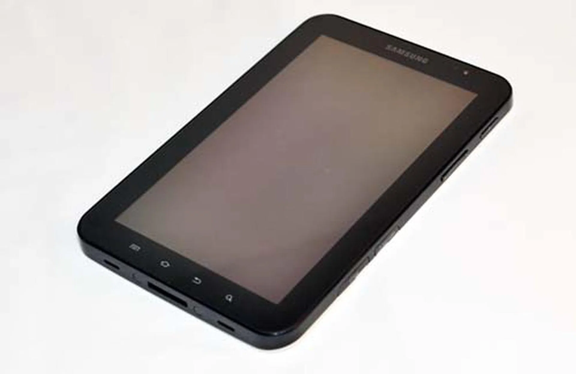 Looking all pretty and shiny is the Samsung Galaxy Tab. Note that there is a 1.3-megapixel front facing camera at the top.
