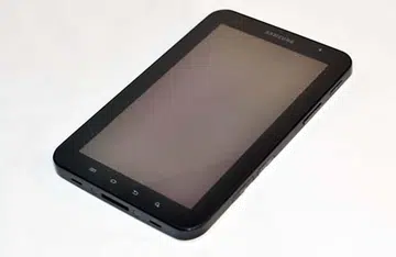 Looking all pretty and shiny is the Samsung Galaxy Tab. Note that there is a 1.3-megapixel front facing camera at the top.