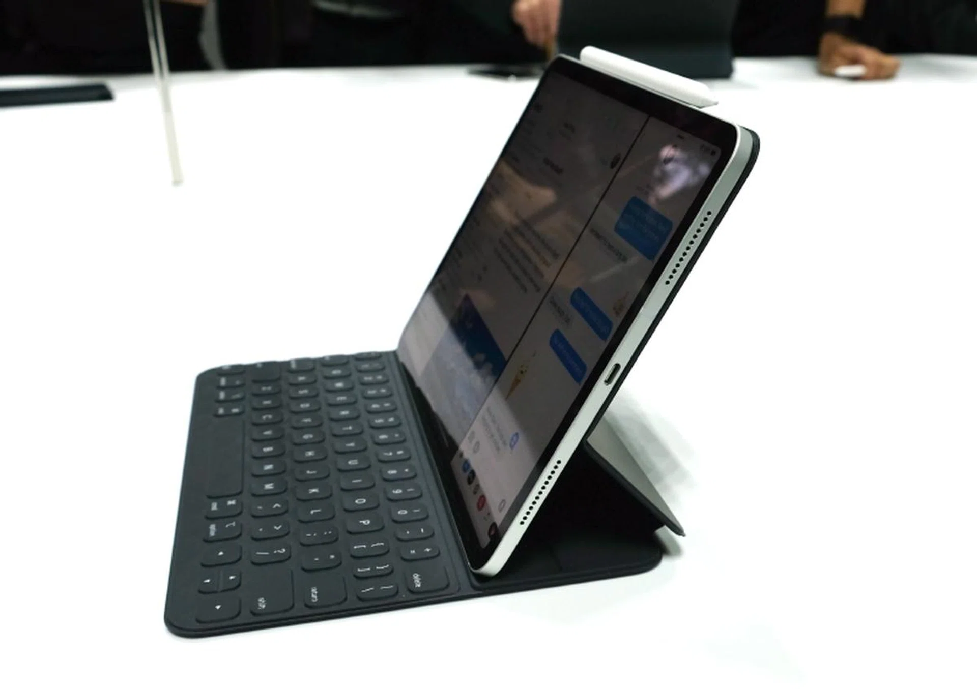 The new iPad Pro with the new Smart Keyboard Folio attached. Note the new USB-C port.