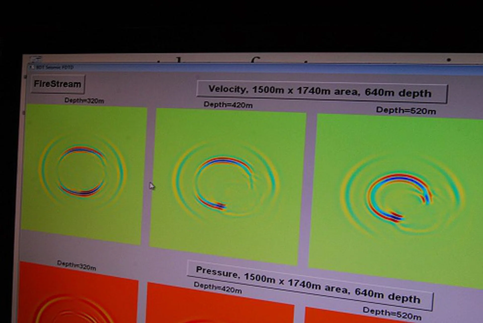 This isn't an OpenCL demo, but a demo simulating how a FireStream enabled platform helps simulate oil and gas exploration. The demo simulates seismic charges set off and sensors feeding back to the system on the seismic wave propagation.