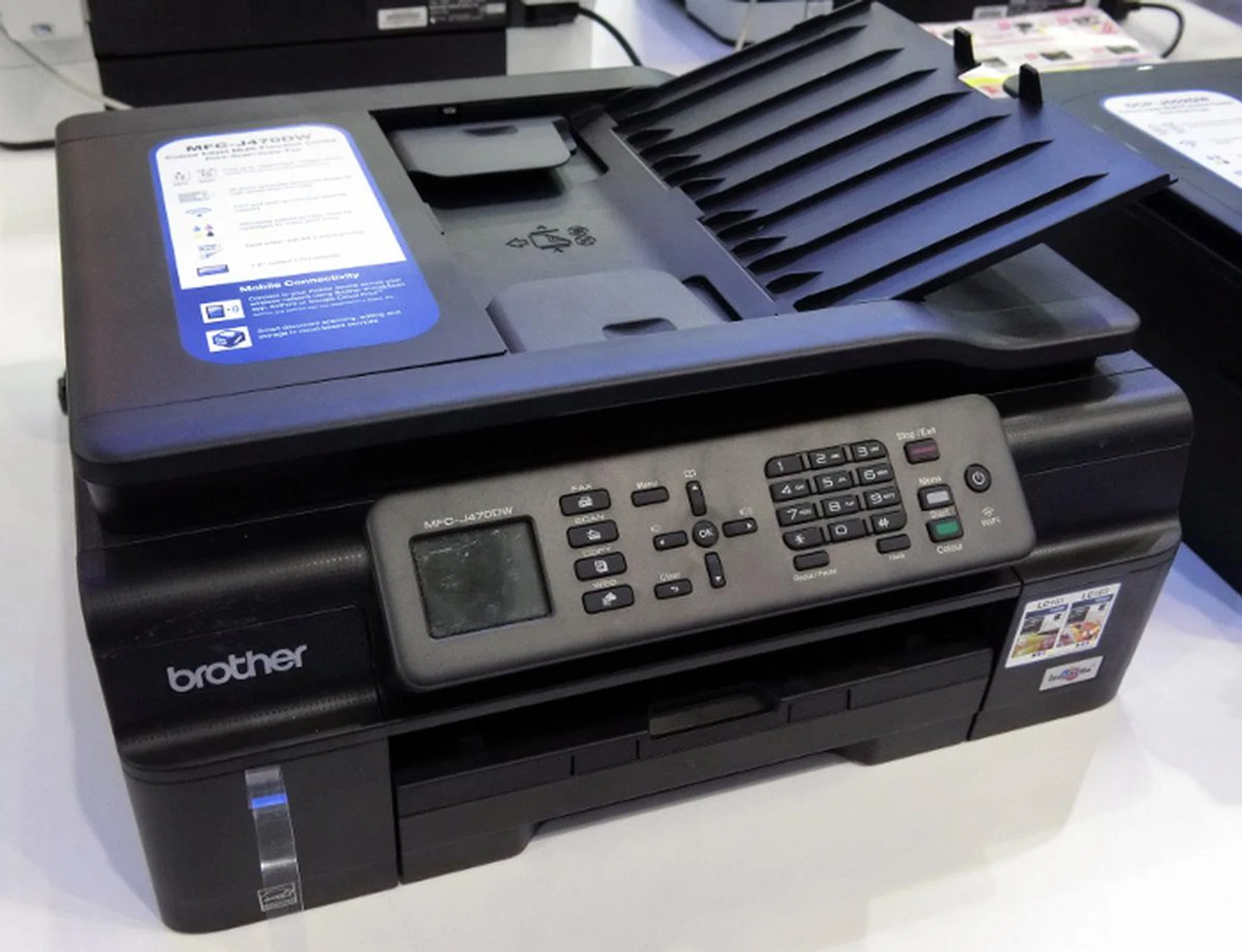 The Brother MFC-J470DW has print, copy, scan and fax capabilities. Print speed is up to 12 pages per minute (PPM) for mono documents and 10ppm for color documents. It goes for $218 and comes with a free $20 shopping voucher.