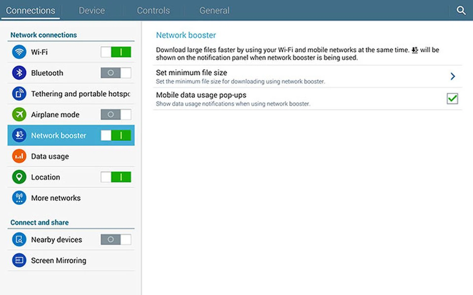 Network Booster enhances download speeds of large files by using both Wi-Fi and mobile network connections simultaneously.
