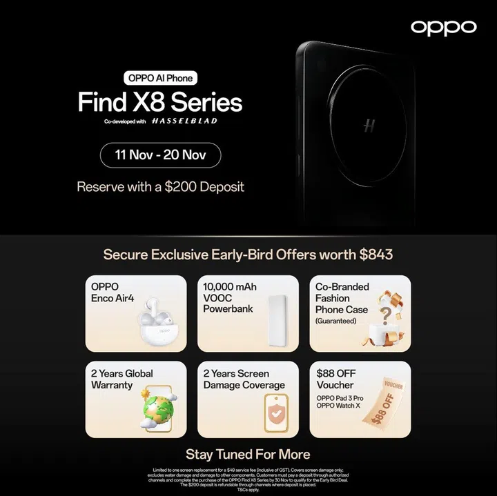 OPPO Find X8 series Singapore pre-registration and early bird reservation. Click to go to the pre-registration portal. Image: OPPO Singapore.