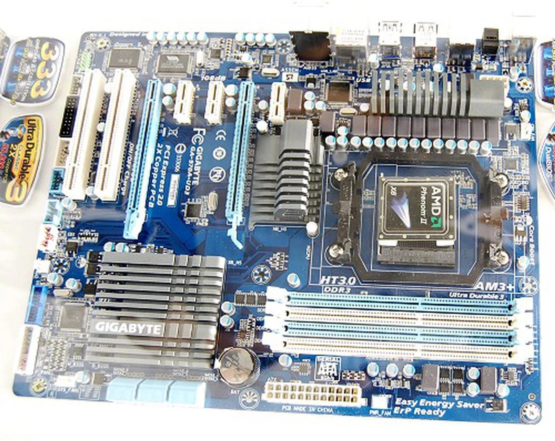 For the less demanding, the AMD 970 chipset board with a single PEG slot support could be more than adequate. This is the GA-970-UD3 motherboard sporting dual PEG slots - the second one just has an x4 bandwidth that draws upon the PCIe lanes on the Southbridge SB950 chipset. Hence, it's not ideal to use a second graphics card on the AMD 970 chipset.