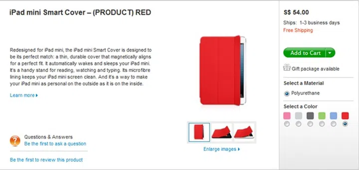 Apple iPad Mini Smart Covers are available in six colors and cost about S$54. 