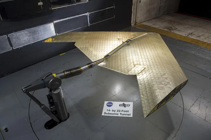 The wing structure, comprises hundreds of identical subunits, was tested in a NASA wind tunnel. Image source; Kenny Cheung, NASA Ames Research Center