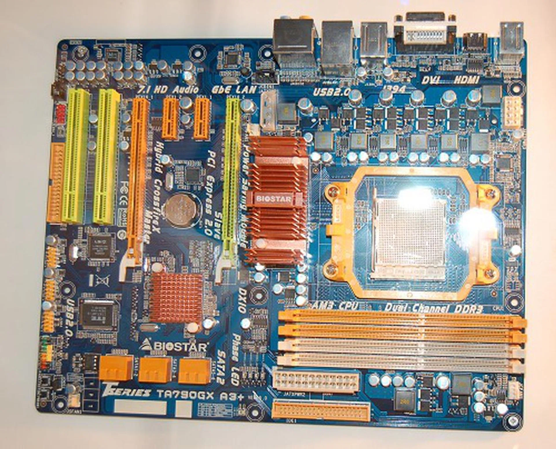  This is Biostar's latest AM3 motherboard with DDR3 memory support, the TA790GX A3+. This board has a 4 + 1 phase power design, 128MB of SidePort frame buffer and all the other expected features from a full functional AMD 790GX board.  