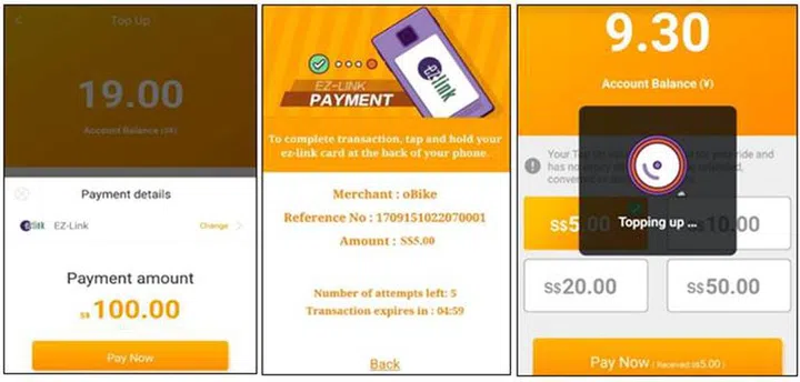Paying via EZ-Link card require the user to top-up their oBike wallets with the contactless card.