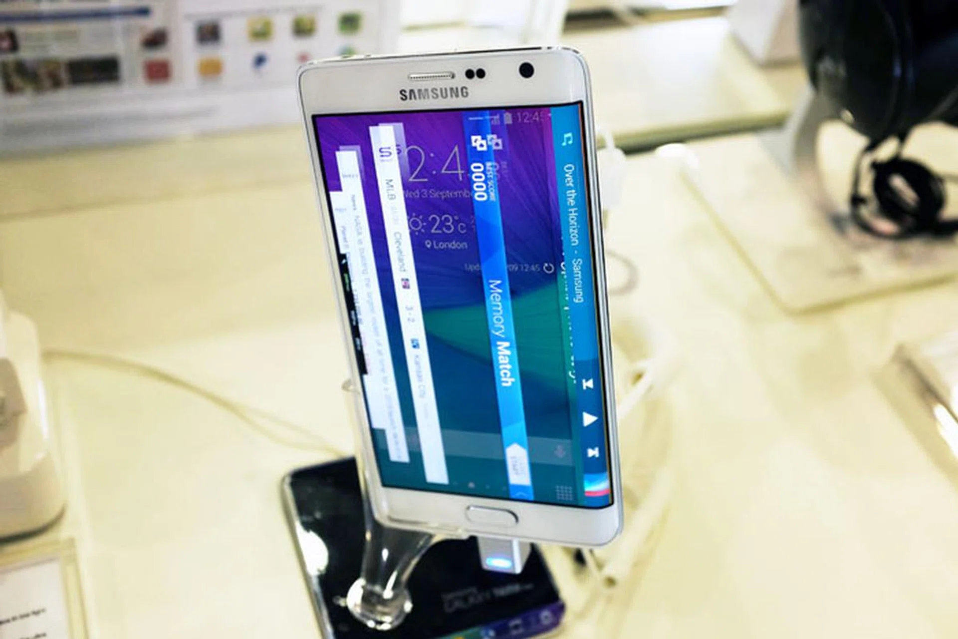 If you're looking for something to stand out from the crowd, consider the Galaxy Note Edge, which is basically an enhanced Galaxy Note 4 with the addition of a curved side screen that aides multitasking and notification functionality. The Note Edge can be picked up at Samsung's booth for $1,248 and includes a free Samsung Flip Wallet worth $78.