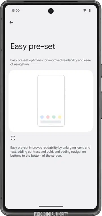 Easy pre-set mode enlarges icons and text, adds contrast and bold, and navigation buttons to the bottom of the screen. These enhancements could benefit seniors and less tech-savvy users. (Image source: Android Authority)