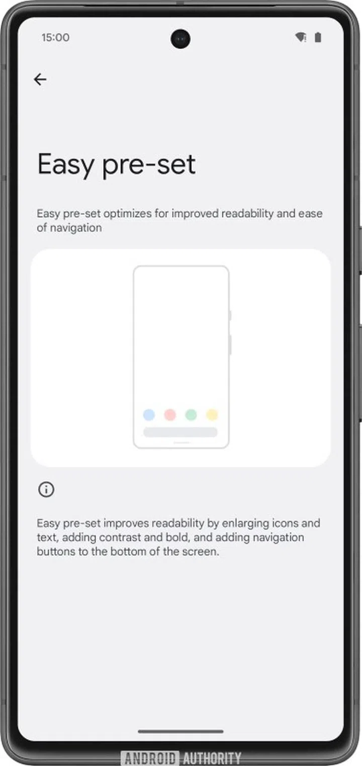 Easy pre-set mode enlarges icons and text, adds contrast and bold, and navigation buttons to the bottom of the screen. These enhancements could benefit seniors and less tech-savvy users. (Image source: Android Authority)