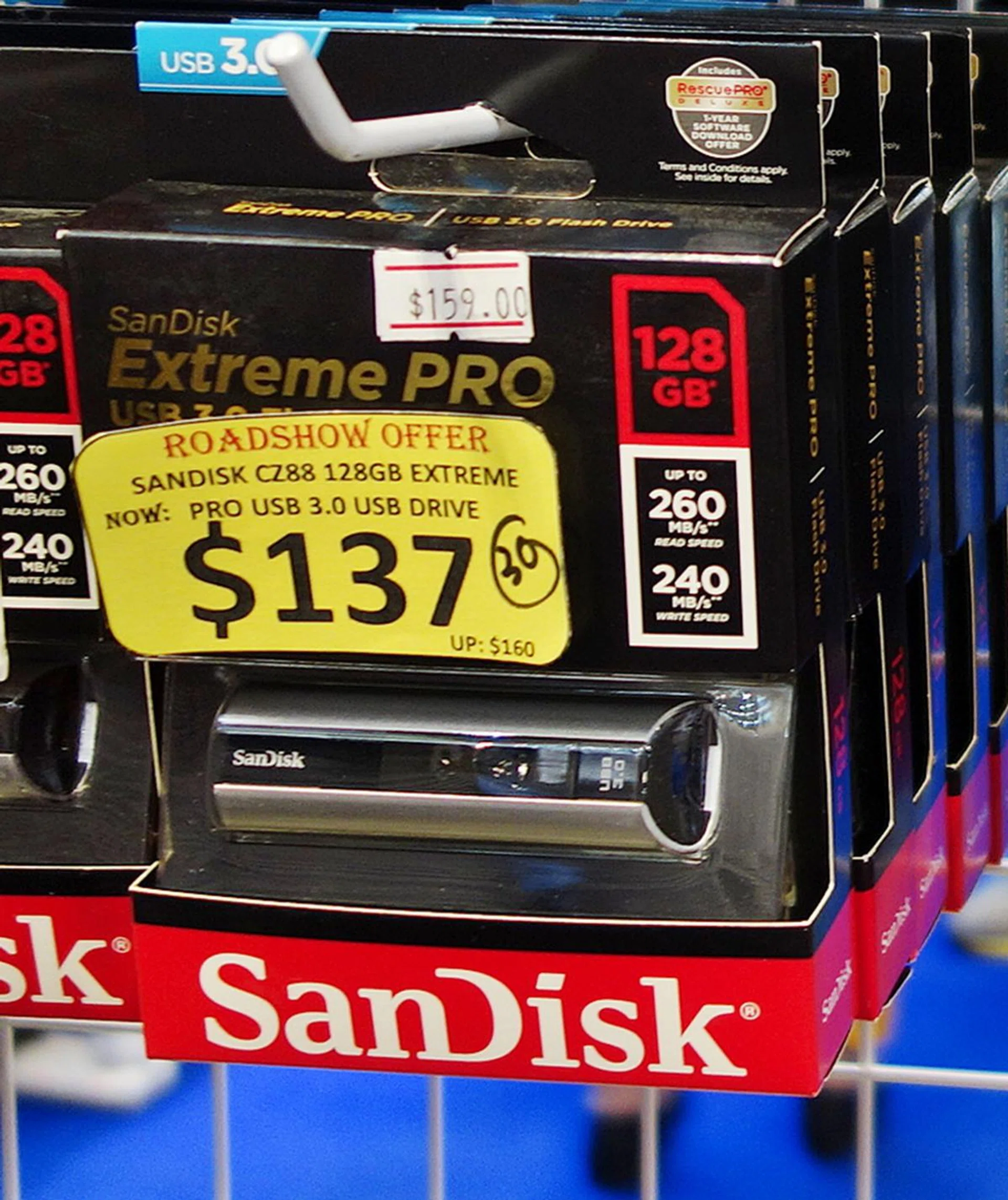 The SanDisk Extreme PRO USB 3.0 Flash Drive has a capacity of 128GB and it supports USB 3.0, enabling you to transfer photos, movies, and other files up to 60 times faster than standard USB 2.0 drives! Its durable aluminum metal casing protects drive from wear and tear and it’s priced at a premium of $137 (UP: $160).