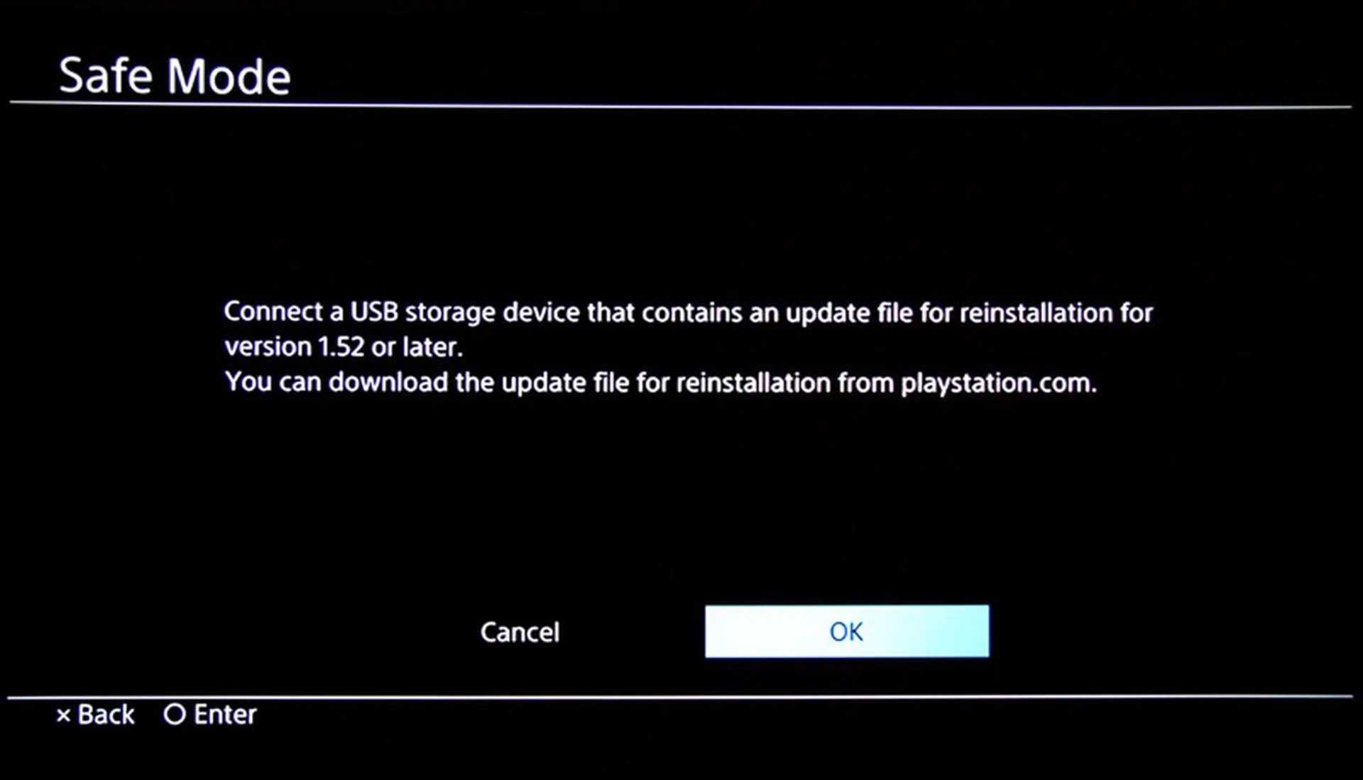 It will then ask you to connect a USB storage device with an update file for reinstallation (even if you already have your thumbdrive already connected). Select OK.