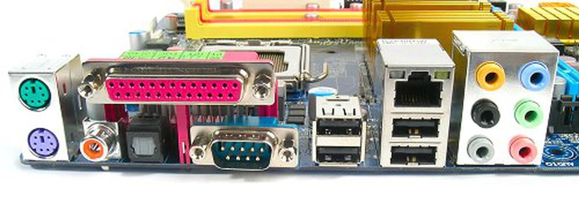 Rear I/O panel has PS/2 ports, Parallel, Serial, optical and coaxial S/PDIF output, four USB 2.0, an RJ-45 port and the standard set of analog surround audio jacks.