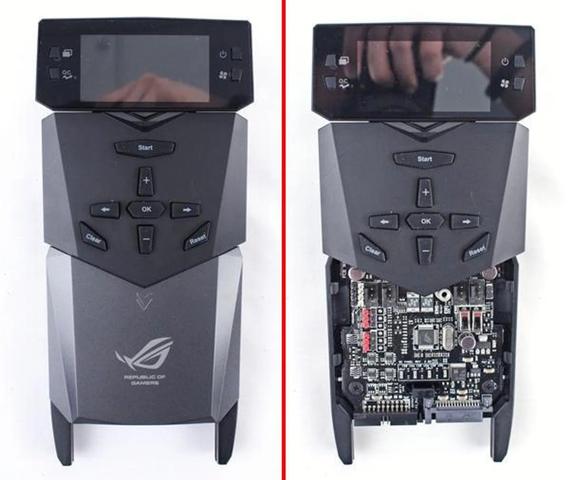 The new OC Panel console that is bundled with the board. On the right, we see the console in its Extreme Mode, with its front cover removed, where overclockers can make use of the onboard headers, switches and temperature probes for hardcore system tweaking.