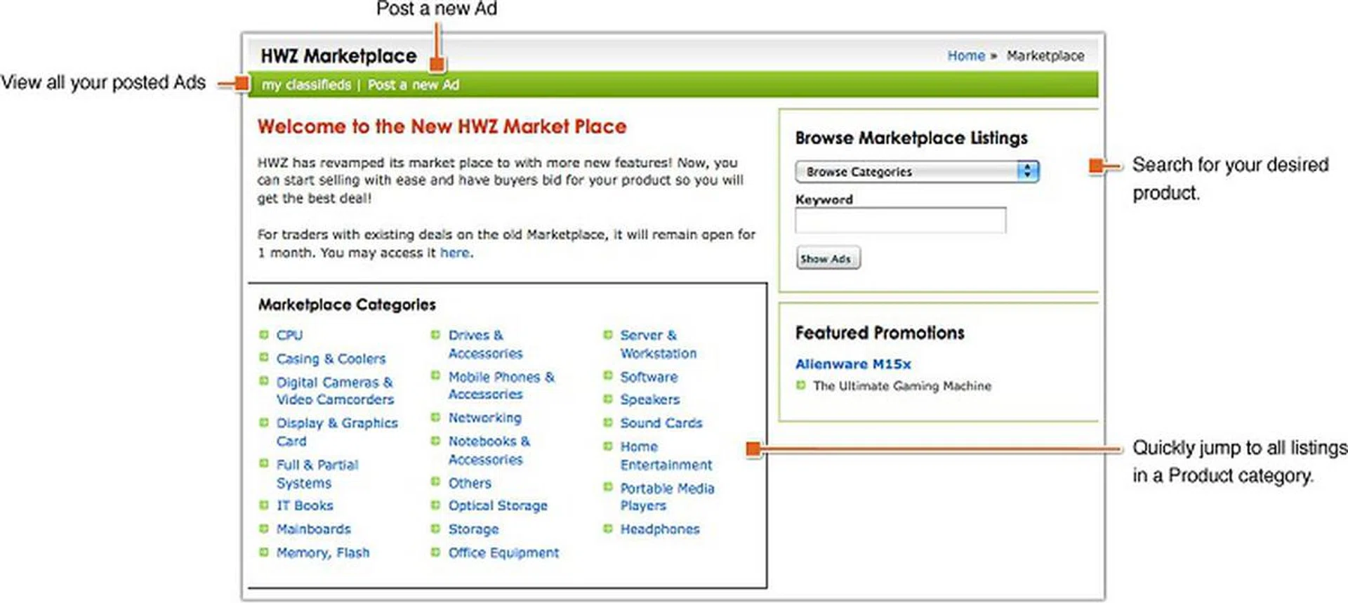 The top-half of the Marketplace interface.