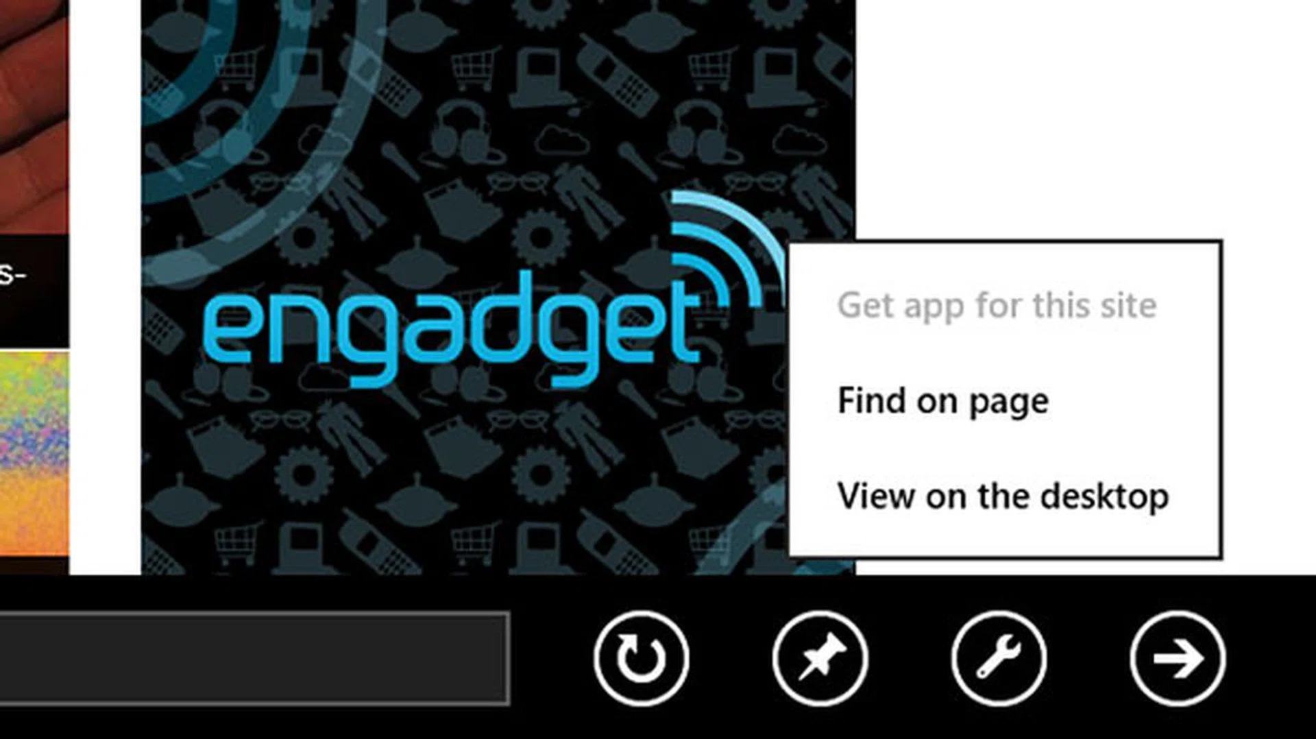 The Tool button presents you with three options: to get an app for the site you're visiting (if it has one), find text on the current page, and open the page on the desktop versions of IE10.