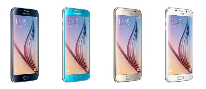 Galaxy S6 colors from left to right: Black Sapphire, Blue Topaz (available at a later date), Gold Platinum, White Pearl.