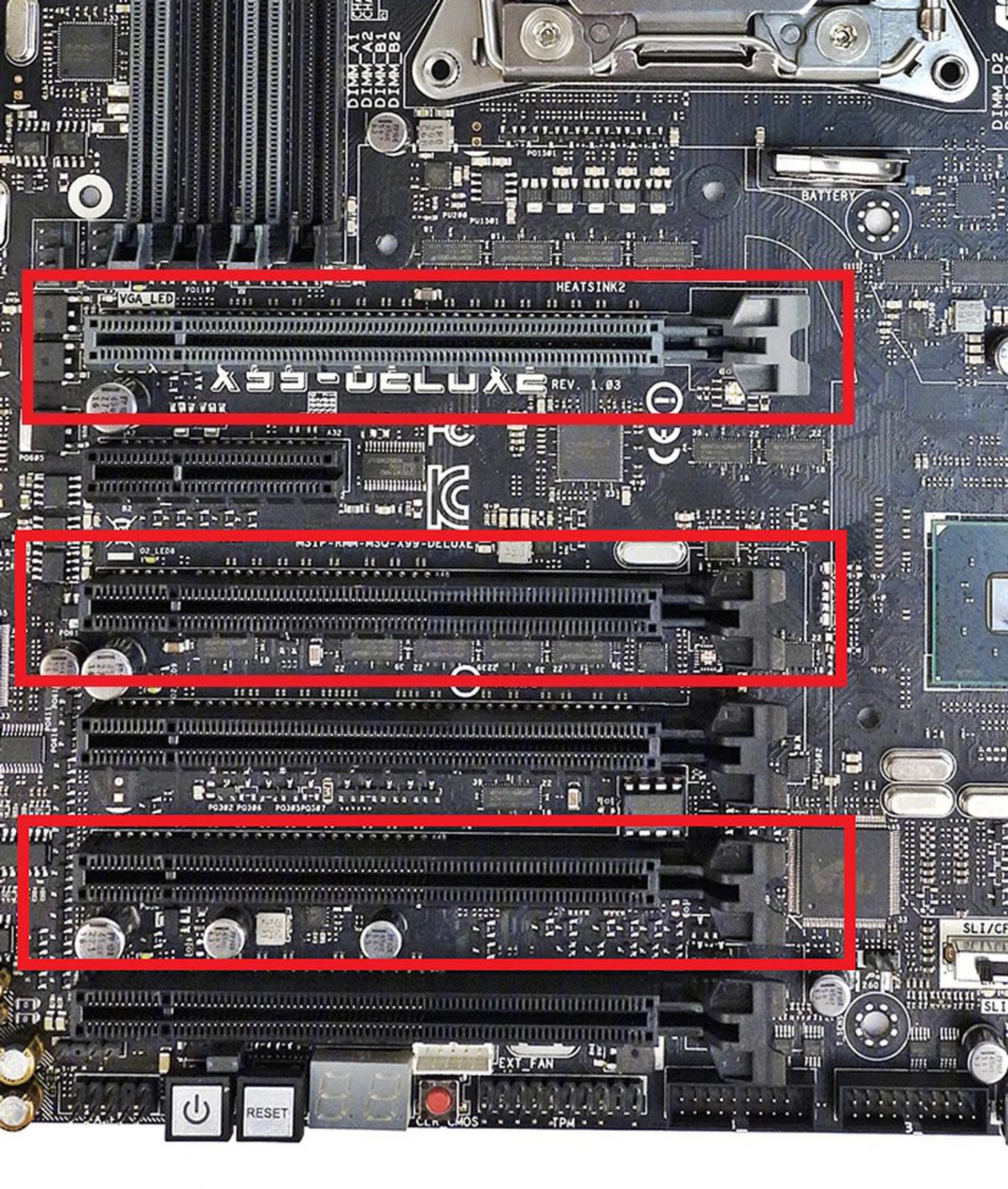 Slots PCIEX16_1, PCIEX16_2, and PCIEX16_4 will each operate at x8 speed in a 3-way multiple graphics cards setup.