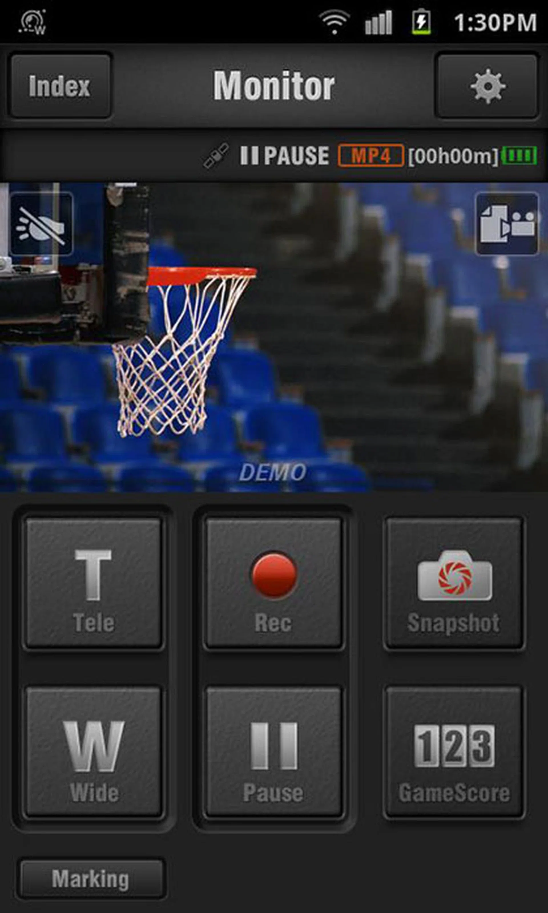 The JVC Wireless Sync mobile app lets you check images on the camera from a distance; video/photo capture and zooming can still be done. Shown here is the recording screen. (Image source: iTunes App Store.)