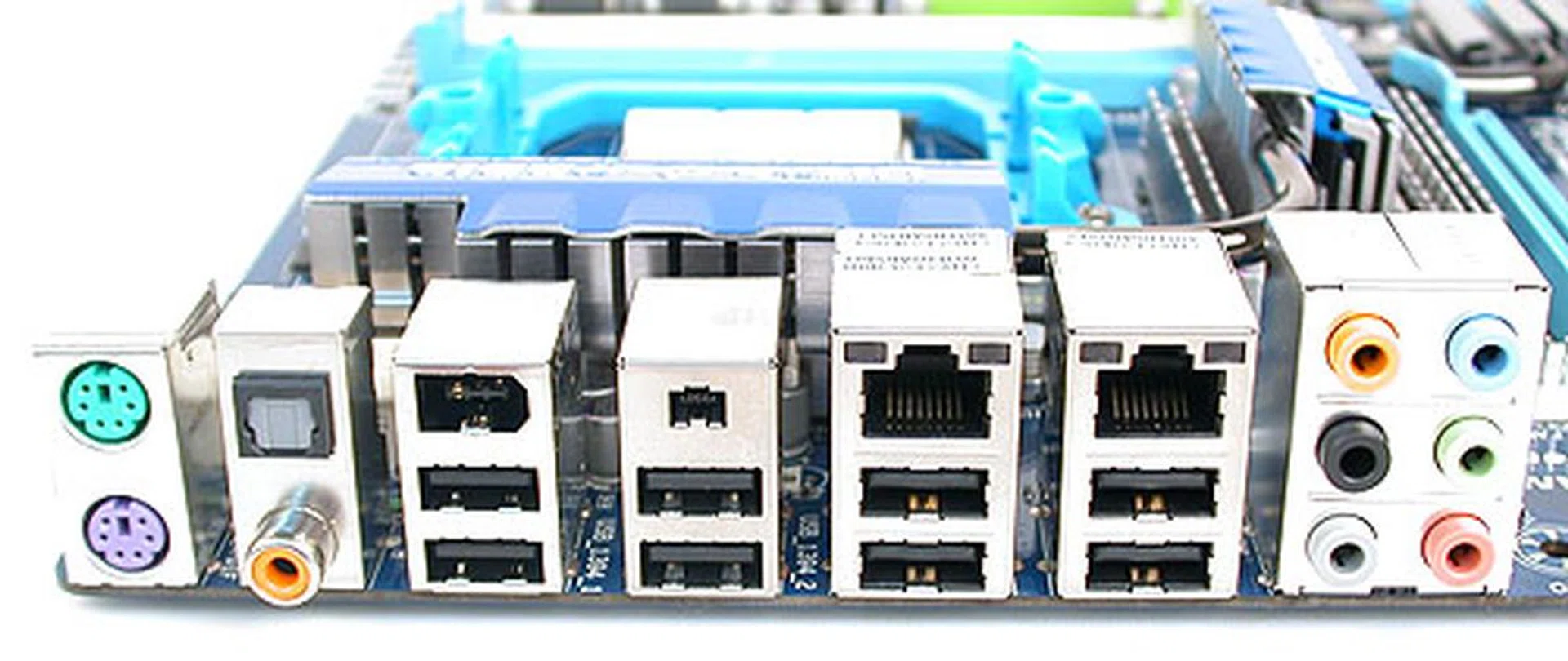 It's ports galore at the back of the motherboard, with two Gigabit LAN ports, six USB 2.0 ports and even 2 FireWire ports. 