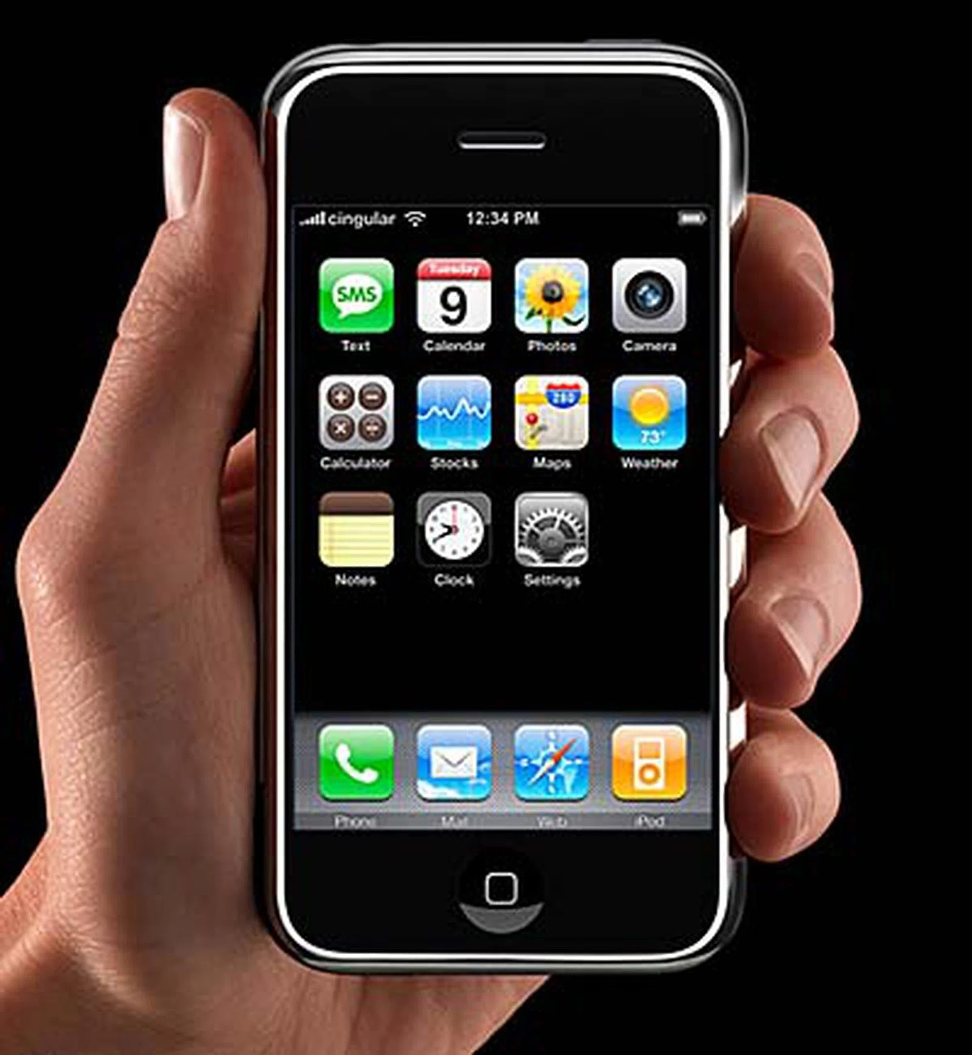 This is the iPhone's "Home" page. You can access it anytime by pressing the Home button below the screen. Click on the orange iPod button (bottom right corner) to transform your iPhone into a widescreen iPod.