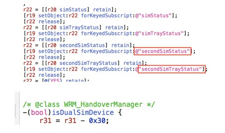 References of "dual-SIM support" found in iOS 12 beta 5. <br>Image source: 9to5Mac