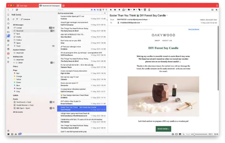 View all your different mail accounts in a single pane of view. Image courtesy of Vivaldi. 