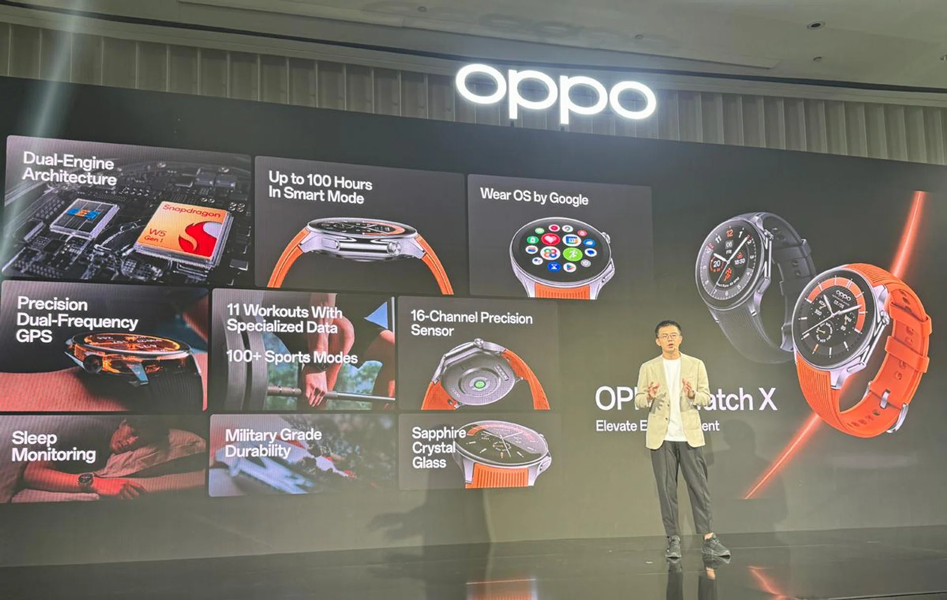Summary of OPPO Watch X features as seen at its global launch keynote in Bangkok, Thailand.