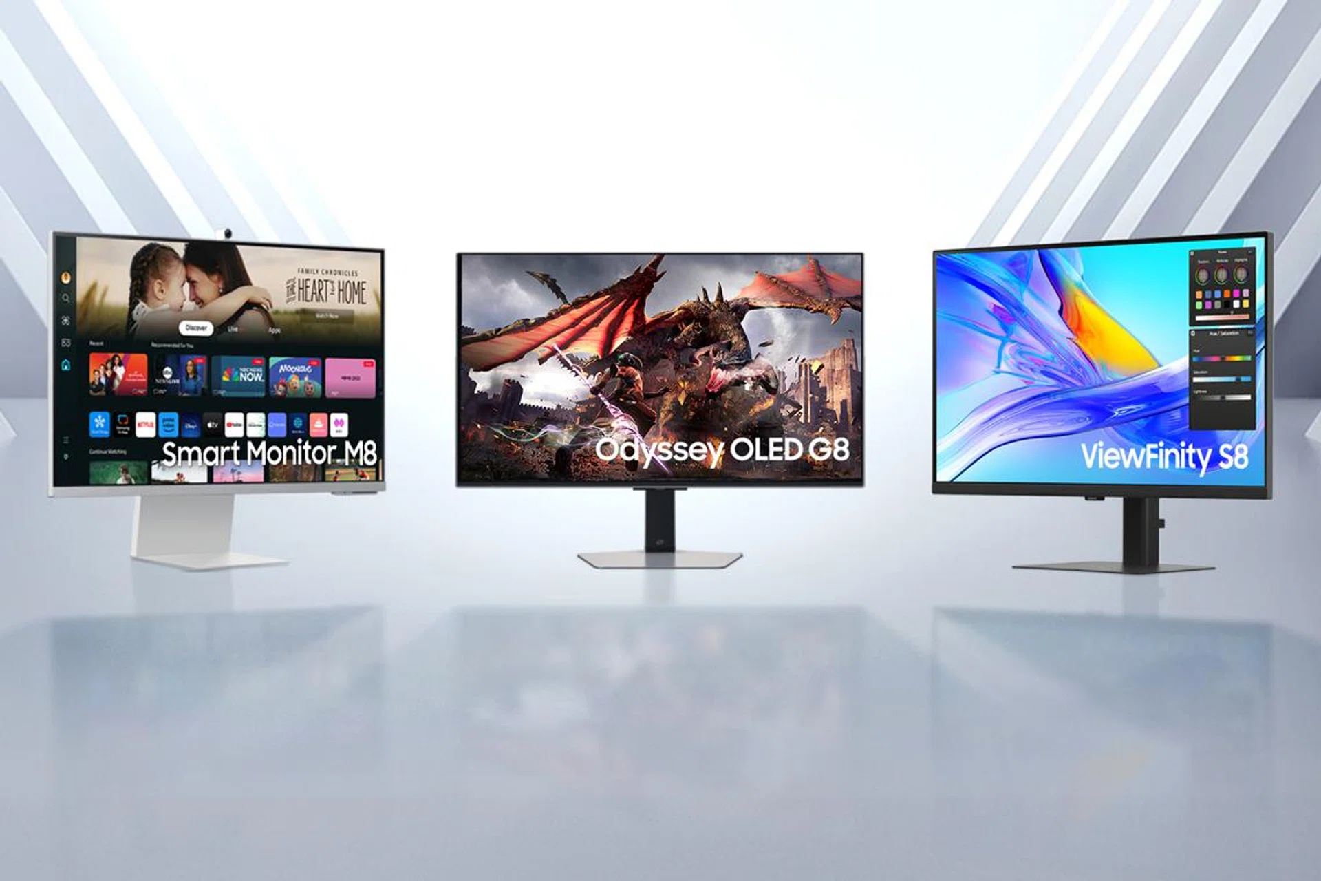 Samsung 2024 monitor lineup (L to R: Smart Monitor, Odyssey, ViewFinity).