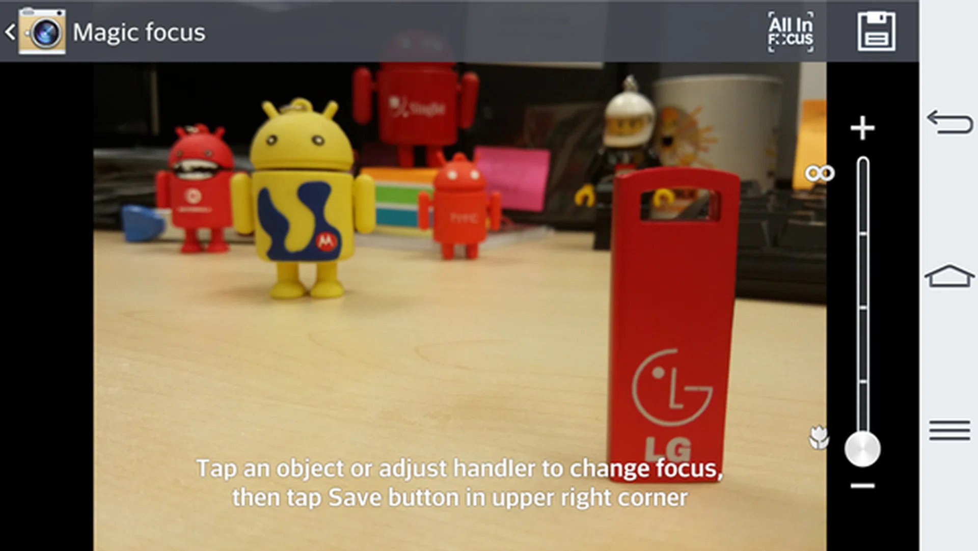 Enable Magic Focus via Camera > Mode > Magic Focus. You can adjust the focus by tapping on specific objects or adjusting the slider on the right.
