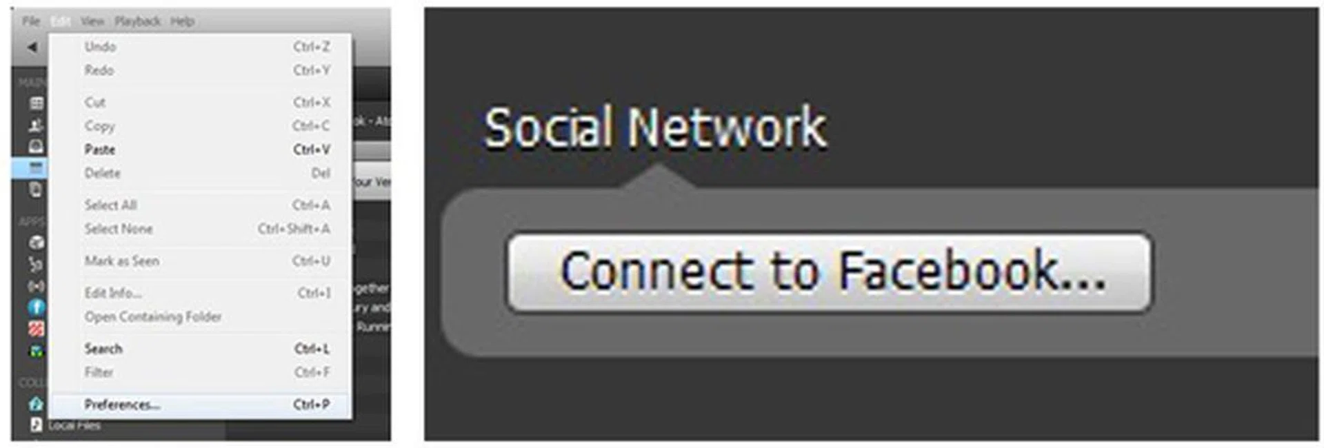 Method #2: The option to sign in to you Facebook account can also be found in the "Preferences" menu which can be initiated from the list of "Edit" drop-down options.