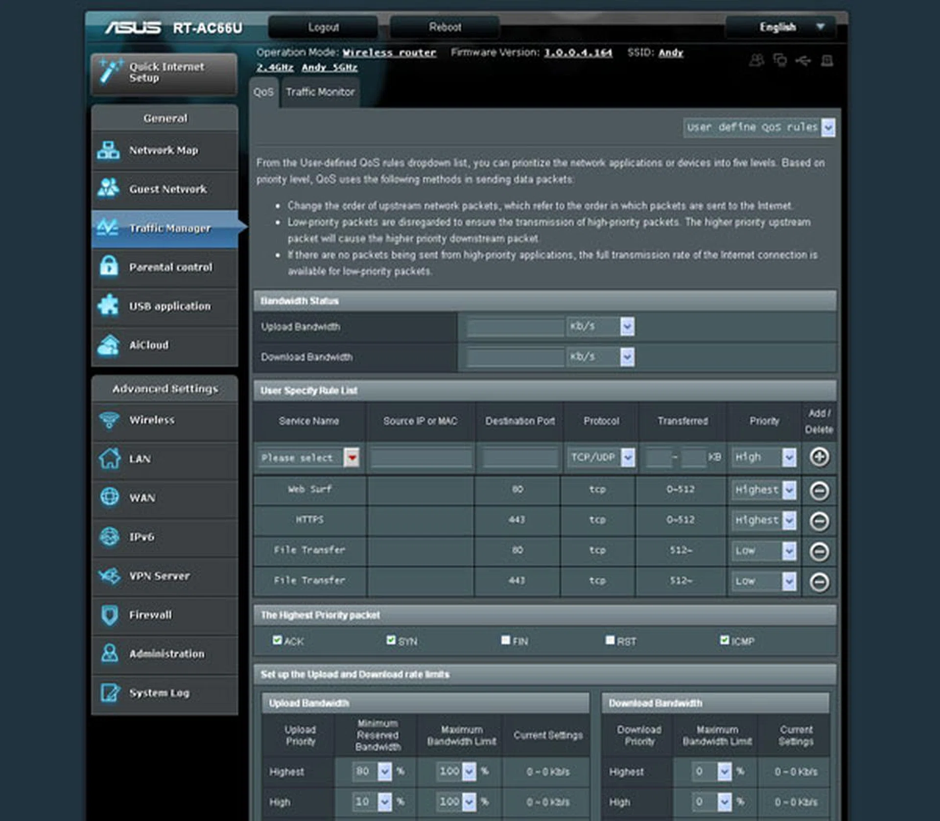 The user-defined QoS page should appeal to savvy users, where you get to fine-tune service rules and bandwidth settings in detail.