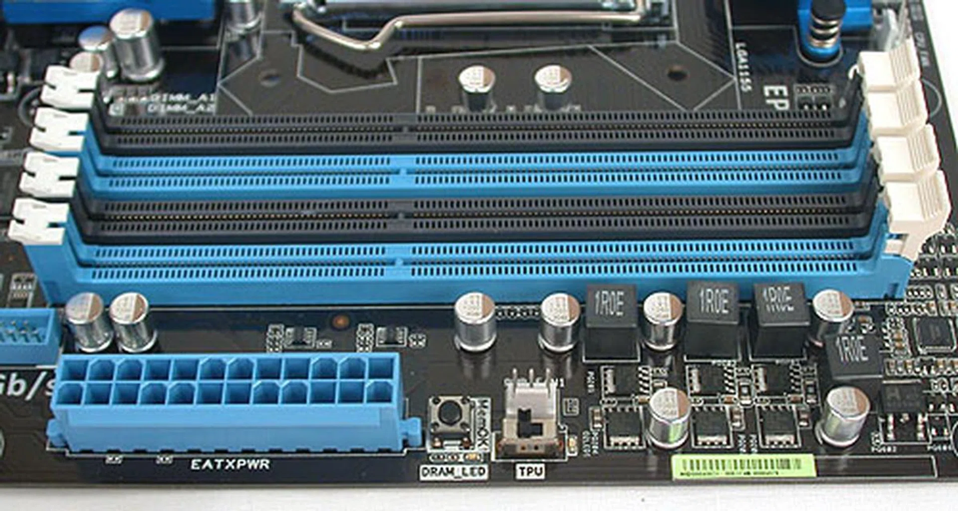 The Intel P67 uses a dual-channel memory architecture, with ASUS supporting up to DDR3 2400MHz for overclocked frequencies. You can also find hardware switches for the TPU chip and ASUS' MemOK utility, meant to troubleshoot memory compatibility issues.