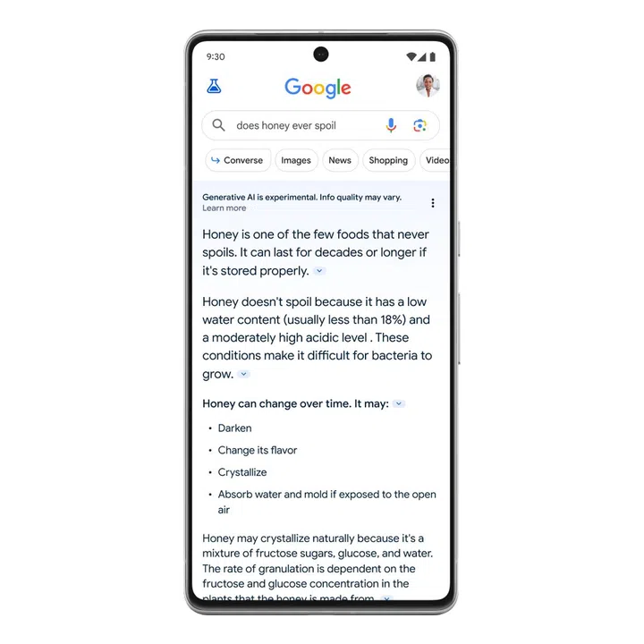 Mobile example of SGE. Credit: Google.